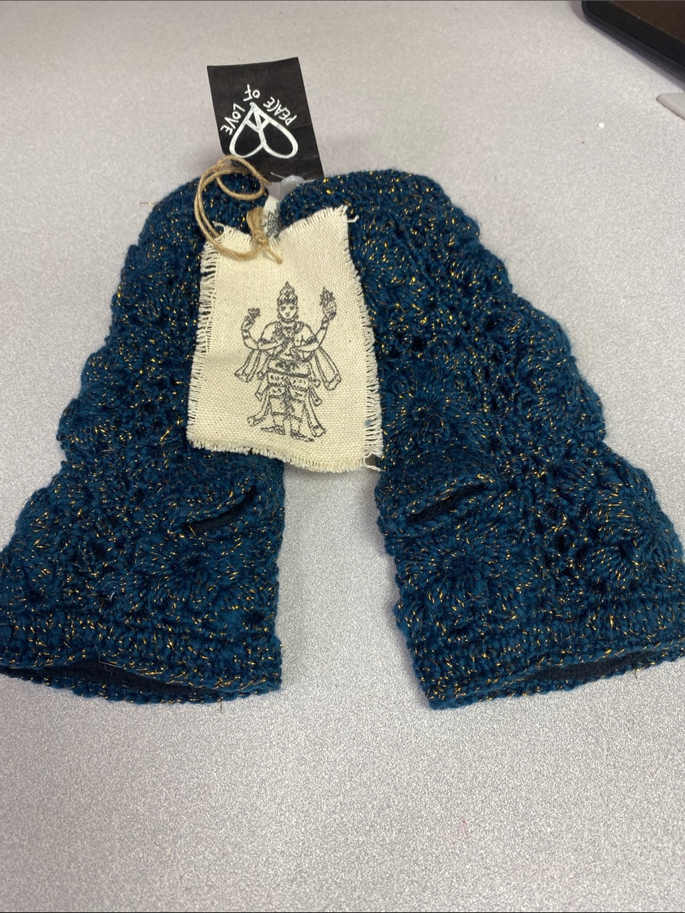 Metallic Teal Fingerless Knit Gloves with Gold Thread